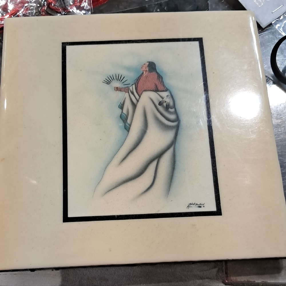 Native Art Tile with Red and Cream Accents